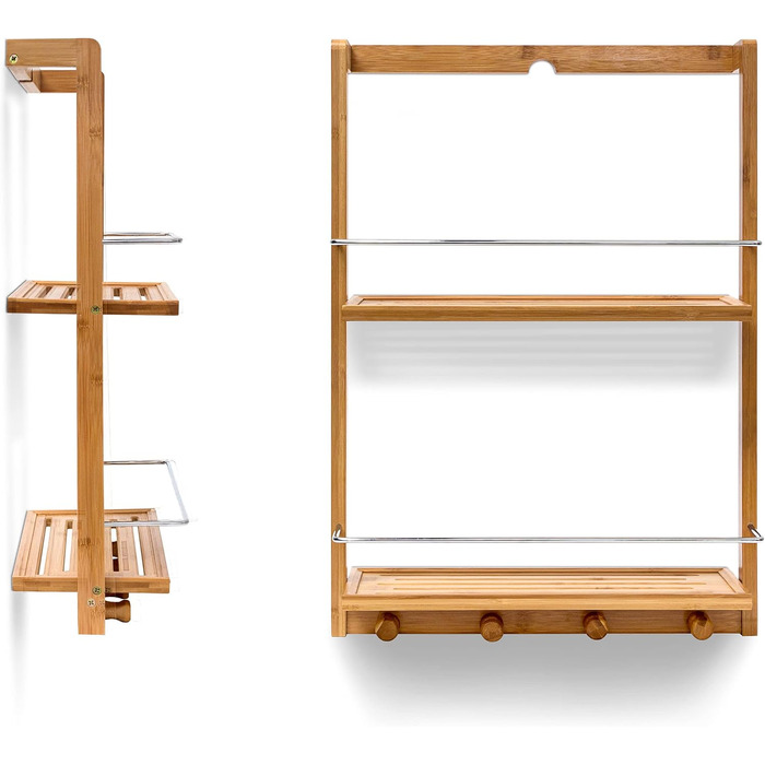 Relaxdays Shower Shelf made of Bamboo HxBxT: approx. 53 x 38 x 15.5 cm Shower shelf with 2 shelves made of moisture-resistant wood Hanging shelf for the bathroom as a practical hanging shelf with 4 towel hooks, natural