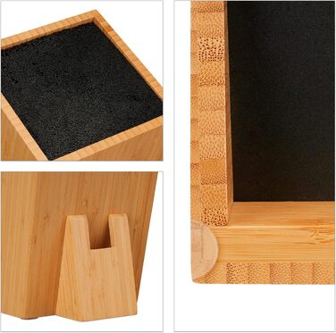 Relaxdays Knife Block, Unstocked, Bamboo Knife Holder, Universal, Knife Storage with Brush Insert, Natural/Black