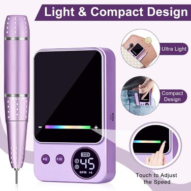 Електричний фрезер для нігтів, 45000 об/хв, професійний манікюрний апарат з LED-дисплеєм, бездротовий набір для манікюру та педикюру