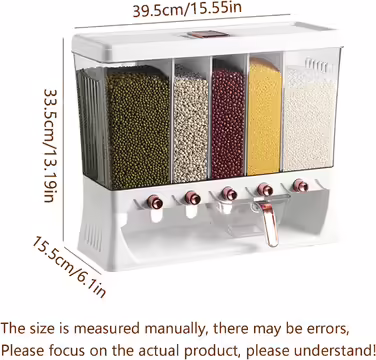 Wall-mounted whole grain dispenser with large capacity, travel bucket, food dispenser, rice storage container, multiple compartments, automatic dispensing for kitchen, rice grains, beans (luxury ivory)