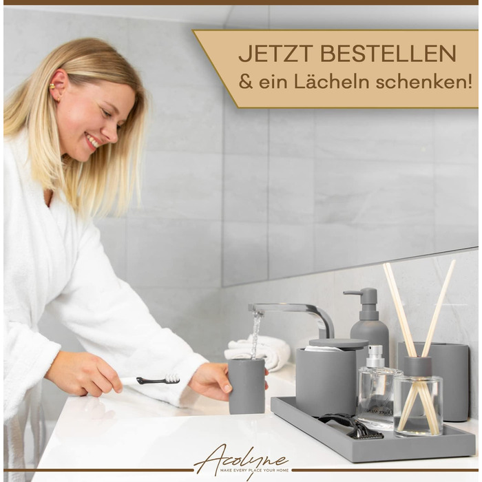 Набір аксесуарів для ванної кімнати Acolyne® Premium (5 шт.) з високоякісного гірського воску | Набір дозаторів для мила, органайзер для ванної кімнати, стакан для зубної пасти | Сірий колір