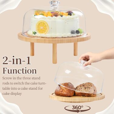 Підставка для тортів Ohuhu з бамбука 2-в-1 з кришкою, обертова тарка для тортів з 3 знімними ніжками та акриловою кришкою для випічки, декорування та святкування, чудовий подарунок для жінок
