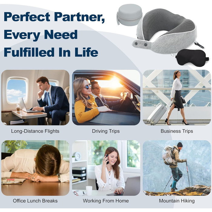 Подушка для шиї Comfy - для подорожей (літак, авто, поїзд) з регулюванням, Memory Foam, 3D-маска, сірий