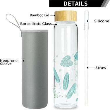 Glass Drinking Bottle 1l Glass Water Bottle with Bamboo Lid 1 Liter (1000ml) (Blue Leaves 1liter)