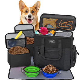 Сумка для собак Wolt: переносна сумка для подорожей з набором мисок та контейнерами (чорна)