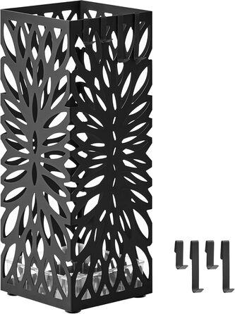 Стійка для парасоль та трекінгових палиць SONGMICS, чорна, металева, з піддоном для води, 4 гачки, 41 см