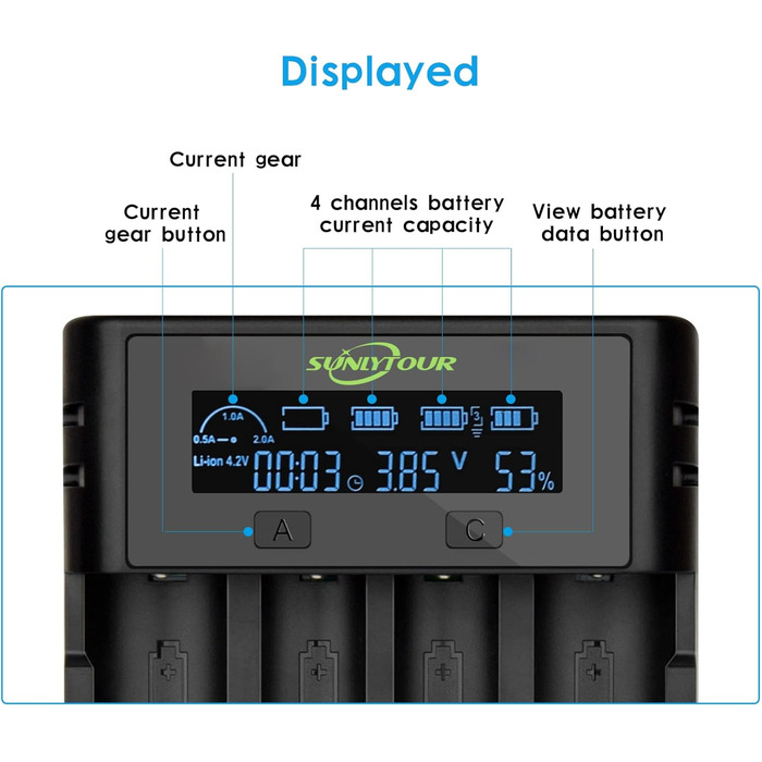 Зарядний пристрій SUNLYTOUR для акумуляторів Ni-MH AA, 18650, 21700, 21750 (4 слоти) з PCB-захистом