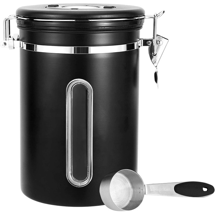Контейнер для кави Royouzi, 1.8л, нержавіюча сталь, з ложкою, вакуумний, чорний