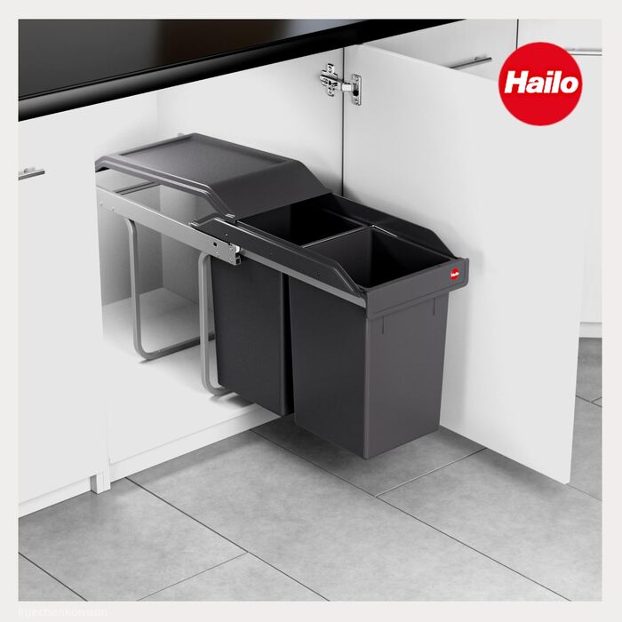 Відро для сміття Hailo Tandem 3650103 | Вбудований контейнер для сміття 2 секції з 50 мішками | для шаф шириною від 300 мм | Зручний висувний механізм на роликах | Сріблястий та антрацитовий пластик