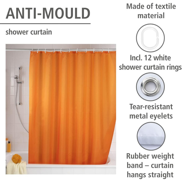 Штора для душу WENKO Anti-Schimmel (антигрибкова), текстильна, 180x200 см, помаранчева, з кільцями