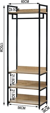 WOLTU Clothes Rack with Shelf, Open Wardrobe with Shoe Shelf, Coat Rack for Bedroom, Wood and Steel (Light Oak + Black)