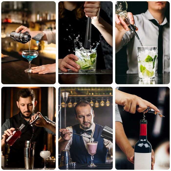 Набір для коктейлів з бамбуковим стійкою, 750 мл, 12 предметів. Професійний набір бармена з нержавіючої сталі для приготування коктейлів, з рецептами (сірий)