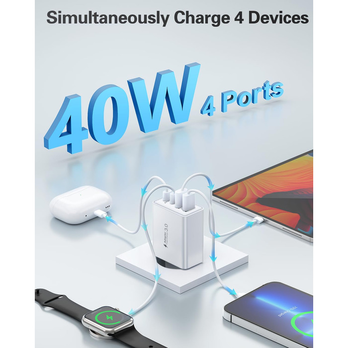 Мережевий адаптер USB C 40W з 4 портами, швидка зарядка, білий. Підходить для iPhone, iPad, Samsung та інших телефонів.