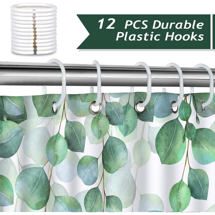 Шторка для душу Bonhause з евкаліптом, зелені листки, 180x180 см, поліестер, антигрибок, водонепроникна, з 12 гачками