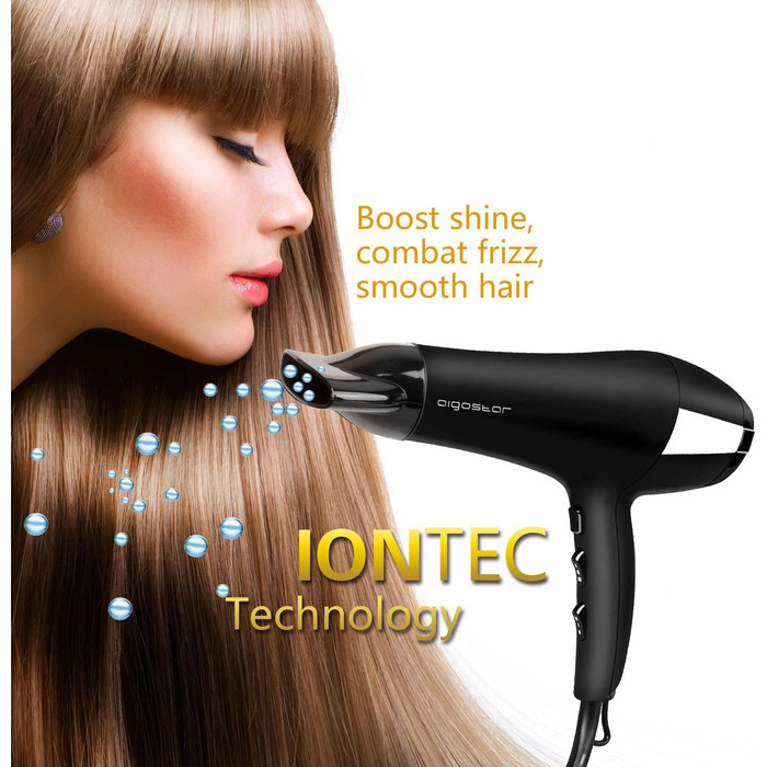 Фен Aigostar Monique 2400W з іонізацією, професійний, чорний, з насадкою-дифузором та аксесуарами