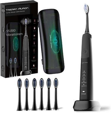 Електрична зубна щітка Tristan Auron SonicMaster - 55 000 вібрацій, 5 режимів, 60 днів акумулятора, UV-стерилізатор, 6 насадок, чорний колір