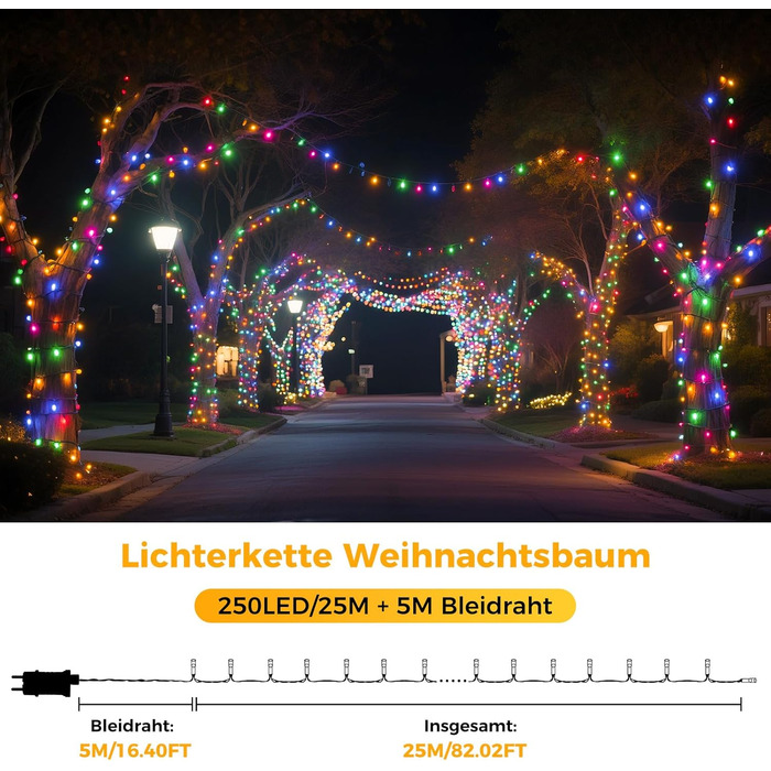 LED гірлянда на ялинку: 250 LED, тепле біле світло, 25 м, IP44, 8 режимів, таймер, для дому та саду