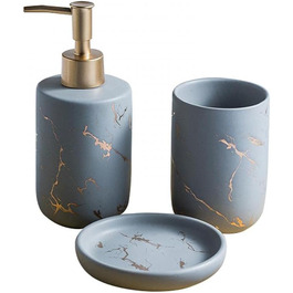Набір аксесуарів для ванної кімнати з кераміки: миловарка, стакан, мильниця (3 шт.) - золотий/чорний малюнок мармуру