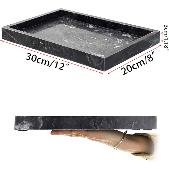 30x20cm Natural Marble Stone Storage Tray, Decorative Rectangular Plate Tray Organizer for Kitchen Bathroom Dresser Decor Vanity Counter Coffee Table, Black