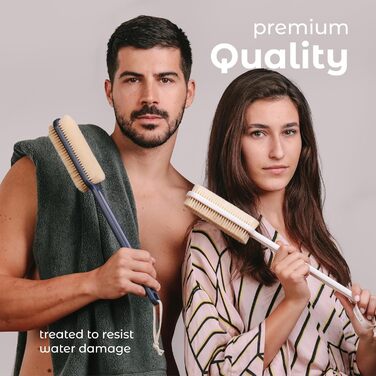 Скребок для спини MainBasics для душу – довга ручка, двостороння щітка для миття тіла та скрабування з пілінгом та м'якими щетинками (Ультрамарин, пластик)