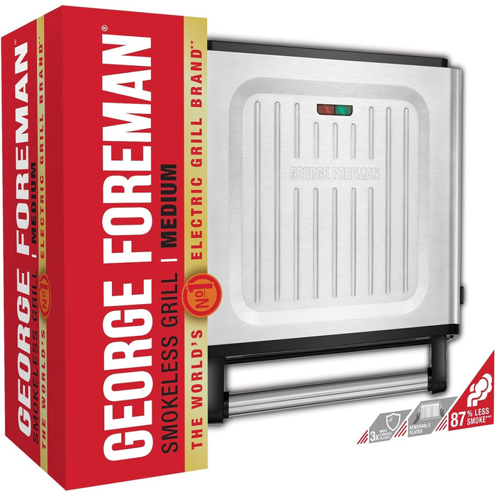 George Foreman Smokeless Grill - Indoor BBQ with Adjustable Temperature & Dishwasher-Safe Grill Plate