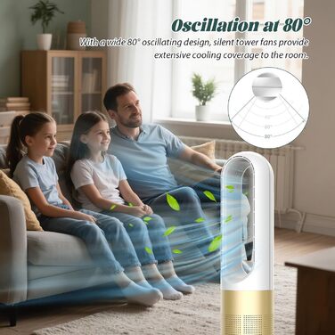 Турбовентилятор без лопатей 56 см, 4000-5600 об/хв, тихий DC мотор, з пультом, осциляція 80°, таймер 8 год (срібний)