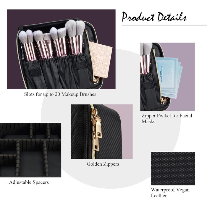 Косметичка для макіяжу та косметики, органайзер для подорожей, чорна. З ручкою та регульованими перегородками