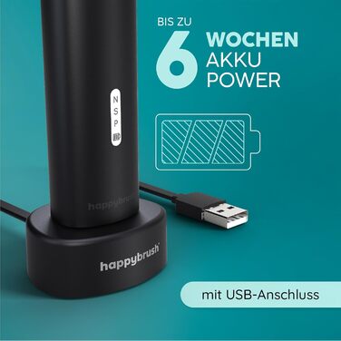 Електрична звукова зубна щітка happybrush® Eco Vibe 3 - Тест-переможець - 100 днів тестування. В комплекті 4 насадки. Чорний колір.
