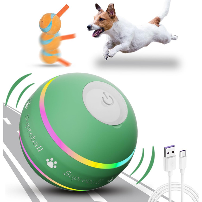 Interactive Dog Ball Toy, Durable Automatic Rolling Ball for Puppies/Small/Medium Dogs, USB Rechargeable (Green)