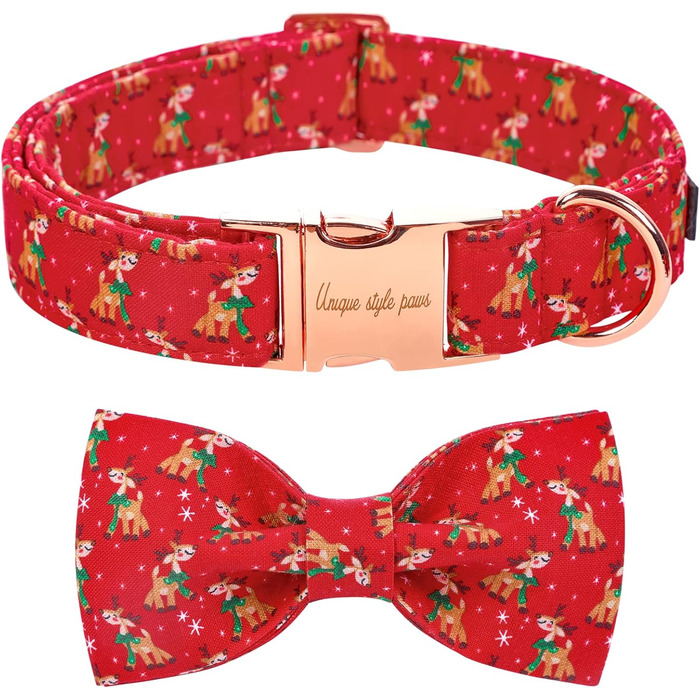 Нашийник для собак Unique Style з знімною метеликом, для маленьких, середніх та великих собак, регульований, XXS-XL (S (1 шт), Олень на Різдво)