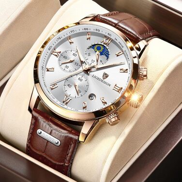 Годинник чоловічий LIGE Retro з шкіряним ремінцем, 3ATM водостійкий, аналоговий, з функцією свічення, фази місяця, з датою, коричнево-білий, хронограф