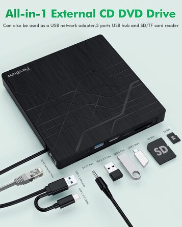 Зовнішній DVD-привід PeroBuno USB 3.0 Type-C, CD/DVD ROM +/-RW, ультратонкий оптичний накопичувач та записник для ноутбука, ПК, MacBook (Windows, Linux, macOS)