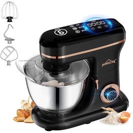 Кухонна машина HOMELUX 1800W з чашею 8 л з нержавіючої сталі, 6 швидкостей, LED-дисплей, насадки для замішування, збивання та взбивання, захист від бризок (чорний)