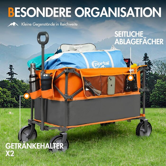 Візок-садовий портативний Bollerwagen 300L XXL помаранчевий - для саду, кемпінгу, пляжу, фестивалів. З навантаженням до 120 кг, тримач для напоїв, бічна кишеня.