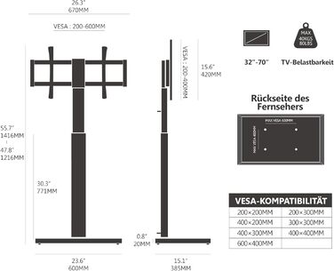 FITUEYES Adjustable Swivel TV Stand with Wood Base - Fits 32-70 inch TVs up to 40kg, VESA 400x600