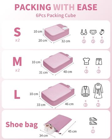 ECOHUB Органайзер для валізи, набір 6 шт. з ID-міткою, еко-пакувальні куби, легкі дорожні сумки, органайзер для рюкзака, патендована модель (Темно-рожевий)