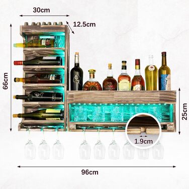 Wine Rack with LED Light, Flame Wood Look, Wall-Mountable with Cork Holder, for Wine Glasses, Whiskey Glasses, Bottle Holder Home Bar, Vintage, Gift