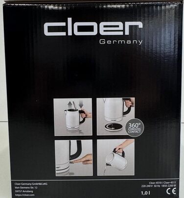 Електричний чайник Cloer 4511 з нержавіючої сталі, 2200 Вт, білий, 1 літр