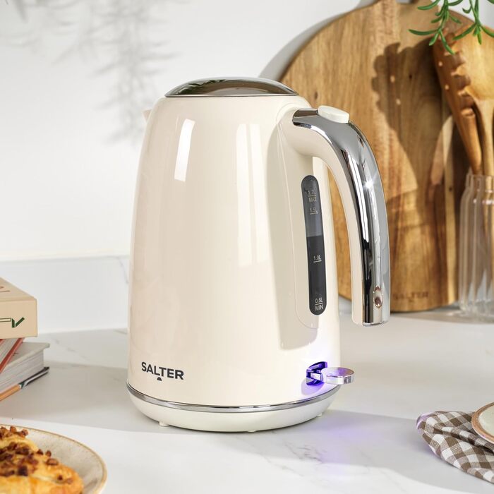 Електричний чайник Salter Retro Cream 1.7L з ретро-дизайном, 2.2 кВт, 360° обертання, фільтр від накипу, бездротовий, індикатор рівня води, захист від сухого кипіння, автоматичне вимкнення, кремовий колір