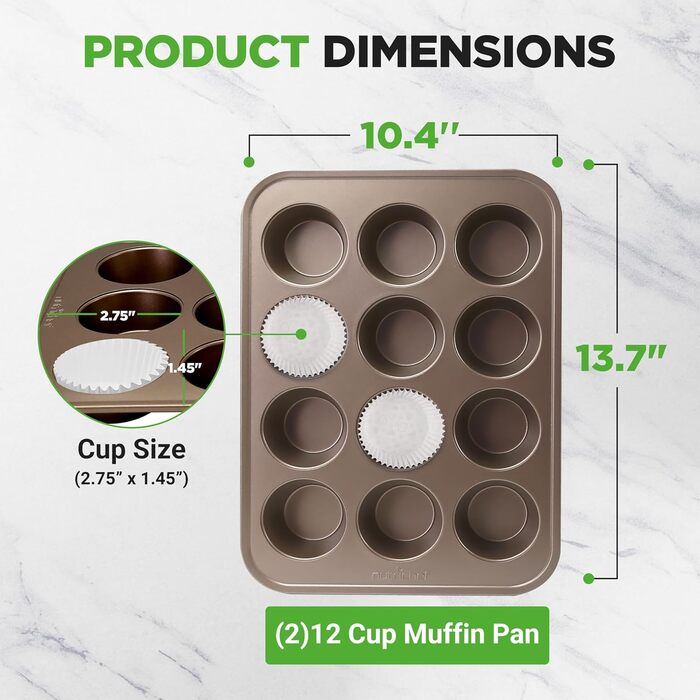 NutriChef 2-Piece Muffin Tin, Non-Stick Coated – PTFE-, PFOA-, PFOS & BPA-Free Muffin Tray – Muffin Sheet with 12 Cups, total 24 Pieces – Muffin Tin Made of Carbon Steel – Dishwasher Safe & with High Rim