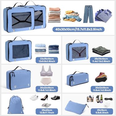 Органайзери для валізи, набір 8 шт. - Packing Cubes для подорожей, валізи та рюкзака (блакитний)
