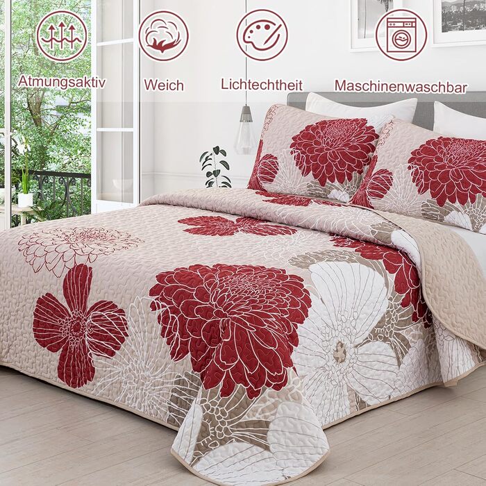 Tagesdecke WONGS BEDDING 220x240 см з квітами, бургунді. М'яка літня ковдра з мікрофібри для двоспального ліжка, комплект з 2 наволочками 48x75 см