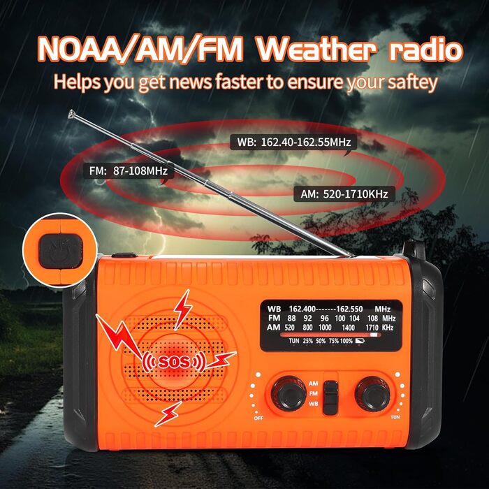 Радіо на сонячних батареях Notfallradio з ручним генератором, 20000mAh, AM/FM, ліхтарик, SOS, зарядка для телефону - помаранчеве