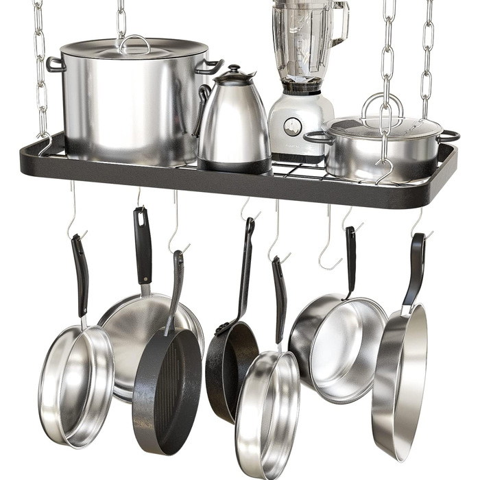 Jackcube Design MK397B Hanging Pots and Pans Organizer, Ceiling/Wall Mount, Grid, Kitchen, Pot, Storage Shelves for Utensils, Cookware with 8 S-Hooks (62 x 30 x 3 cm)