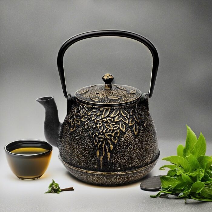 Чайник для плити преміум-класу, чавунний, з ситом для листового чаю, 1,5 л, чорний