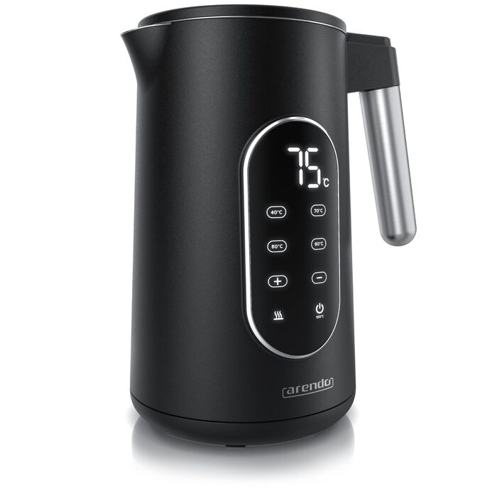 Електричний чайник Arendo з регулюванням температури, нержавіюча сталь, подвійні стінки Cool Touch, дисплей, бездротовий, 2200 Вт, 1,7 л, захист від перегріву, функція підтримання тепла, чорний