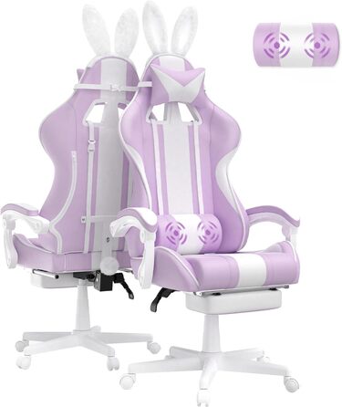 Ergonomic Gaming Chair with Footrest - Racing Style PC Gaming Chair with Headrest, Lumbar Support & Bunny Ears (Violet)