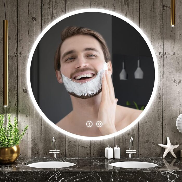 Круглий дзеркало для ванної кімнати YOLEO з підсвічуванням, 60 см, сенсорне керування, захисне скло, 3 кольори світла, регулювання яскравості, 60x60 см