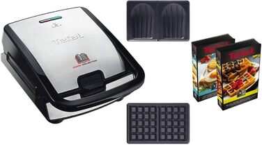 Tefal SW853D Snack Collection | Waffle Maker and Sandwiches | Expandable | Non-stick Coated Plates | Dishwasher Safe | Practical Storage Boxes | Black/Stainless Steel Sandwich and Waffle Plate Sandwich
