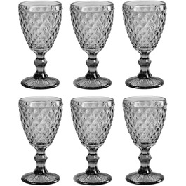 Vintage 6-piece set of colored wine glasses and tumblers with diamond pattern (Netz Gray wine glass), highball glasses, cocktail glasses with embossing, glass, tumbler, wine glass, water glass, goblet